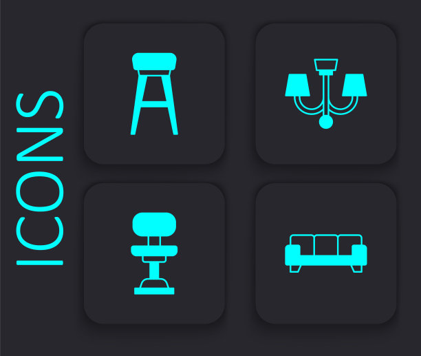 集沙发，椅子，吊灯和办公椅图标。黑色方形按钮。向量图片下载