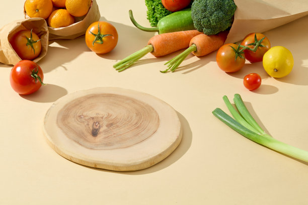 照片是在黄色的桌面上拍摄的，上面有一个空白的木制砧板，用来放置产品，周围装饰着新鲜的水果和蔬菜，腾出空间来展示产品图片下载