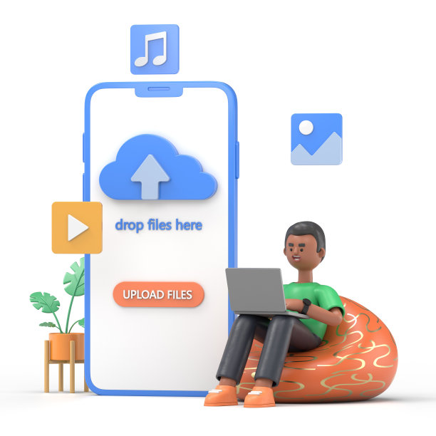 英俊的非洲人大卫的3D插图。云系统，文件下载，数据库保护概念，数据中心，文件管理，平面插画3D登陆页面模板图片下载