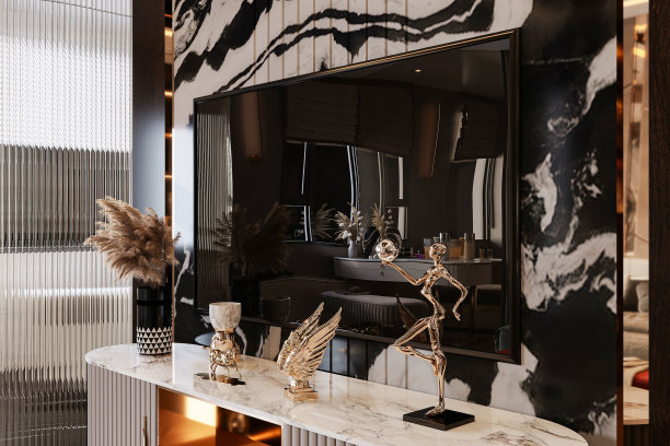 现代风格的电视区与黑色控制台在现代室内设计的卧室图片下载