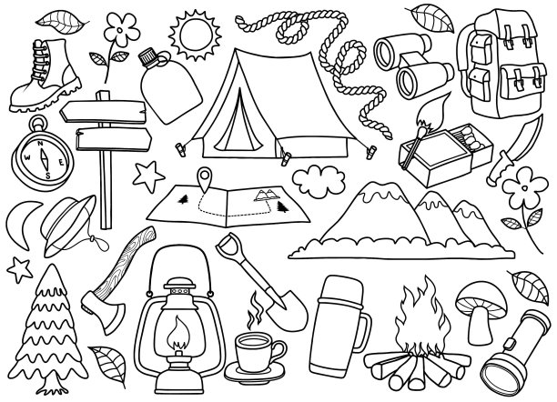 可爱的徒步露营涂鸦集在绘画风格。图片下载