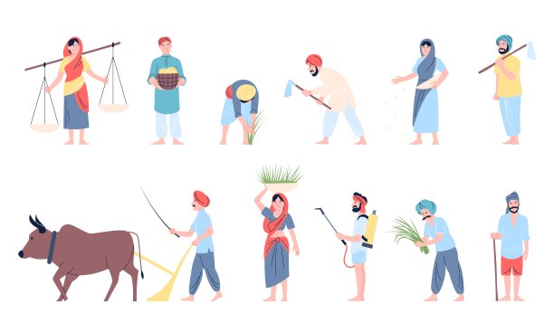 印度农民的性格。亚洲农民在田间劳作，带着动物和不同的工具。人们种植，播种，耕地，最近的矢量集图片下载