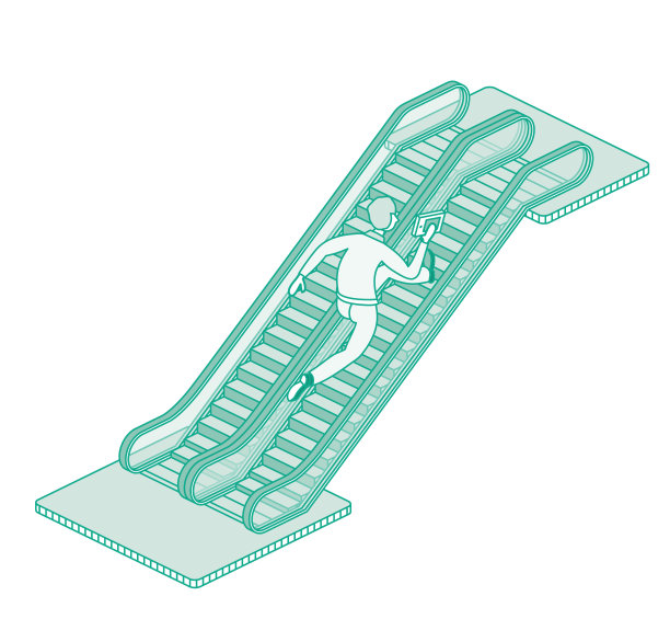 一个人跑上现代自动扶梯。等距轮廓对象隔离在白色背景上。图片下载