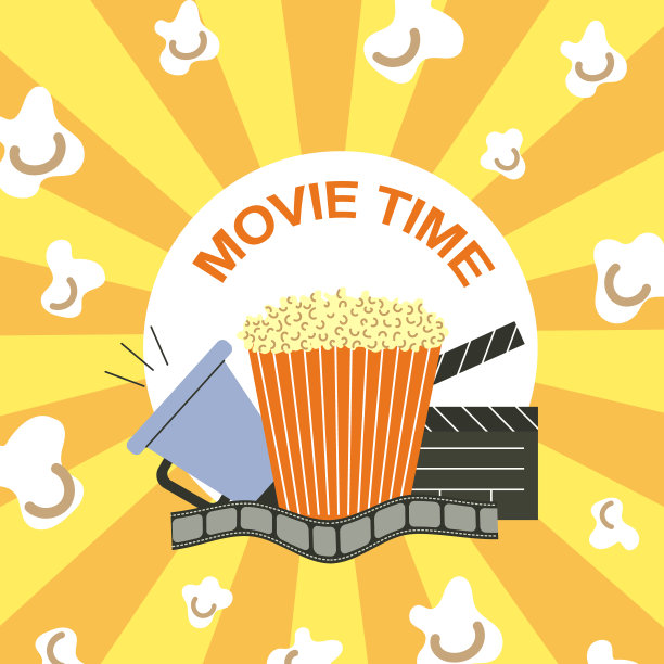 电影的时间。爆米花，扩音器，隔板和电影卷轴。矢量图图片下载