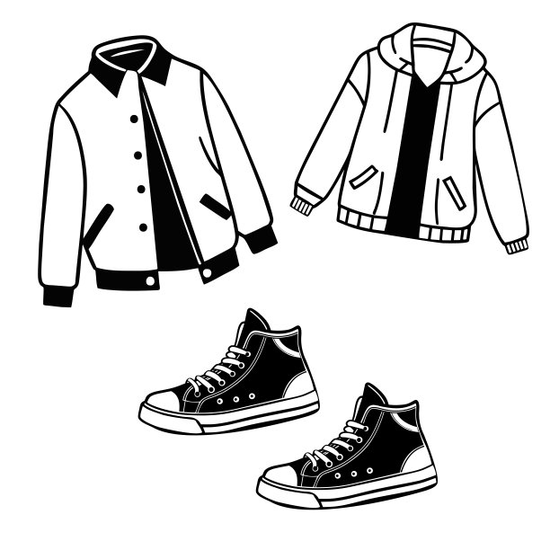 90年代时尚插画。Сlothes，夹克，运动鞋。手绘矢量插图。时装贴片、徽章、徽章。图片下载