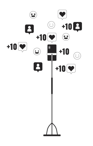 智能手机三脚架与喜欢的追随者黑白二维线卡通对象图片下载