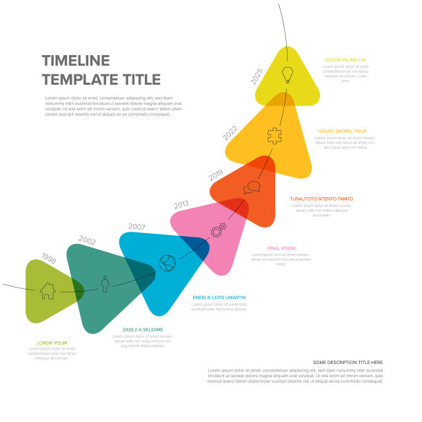时间线由七个彩虹色透明三角形与年份和图标图片下载