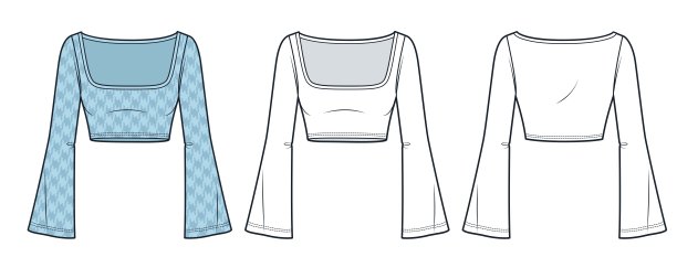 露脐上衣技术时尚插图。钟袖衬衫时尚平面技术图纸模板，方领，修身，犬牙花纹，前后视图，白色，蓝色，女装CAD模型集。图片下载
