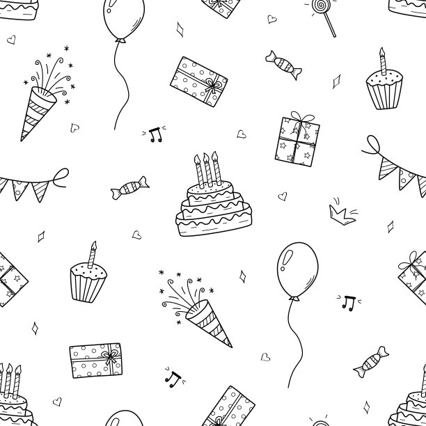 无缝图案的生日。矢量插图，派对概念。背景壁纸元素装饰，气球，蛋糕，礼物，烟花。图片下载