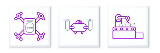 工厂设置流水线输送系统带，无人机飞行带有动作相机和图标。向量图片下载