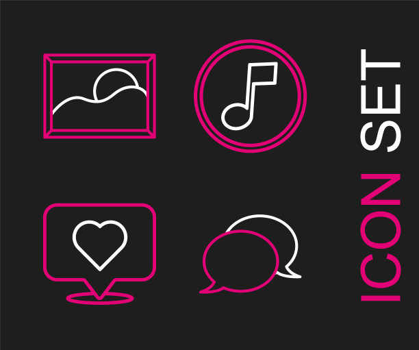 设置线路语音气泡聊天，喜欢和心脏，音乐笔记，音调和图片景观图标。向量图片下载