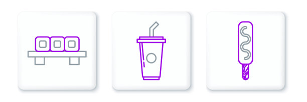 设置线冰淇淋，寿司在砧板和纸玻璃与吸管和水的图标。向量图片下载