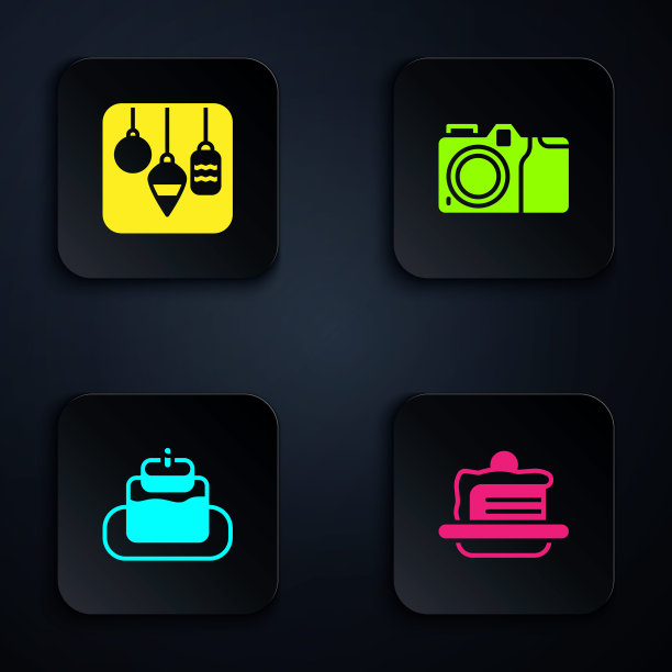 设置蛋糕，圣诞灯，和照相机。黑色方形按钮。向量图片下载