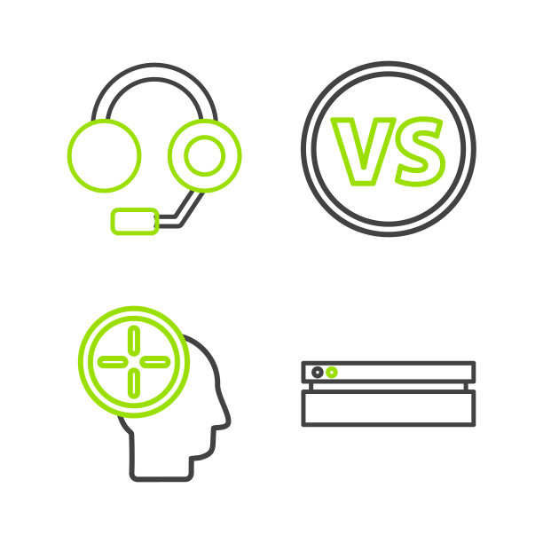 设置线视频游戏控制台，头部狩猎概念，VS对战斗和耳机图标。向量图片下载