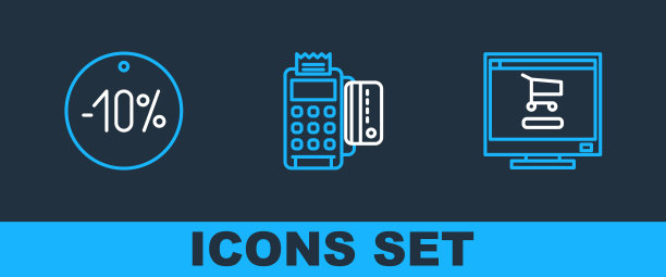 在电脑上设置线上购物车，九折标签和带有信用卡图标的POS终端。向量图片下载