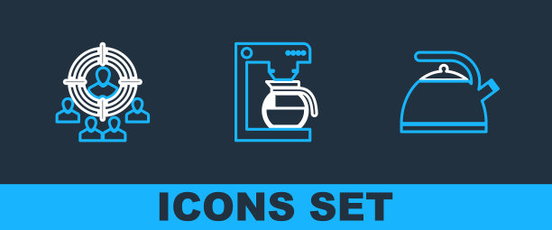 设定带手柄的线壶，营销目标策略和咖啡机壶图标。向量图片下载