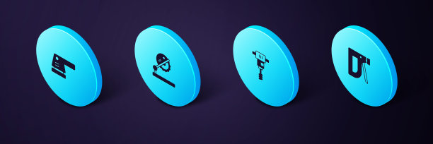 集等长建筑订书机，电动手动混凝土搅拌机，木工台锯和砂光机图标。向量图片下载