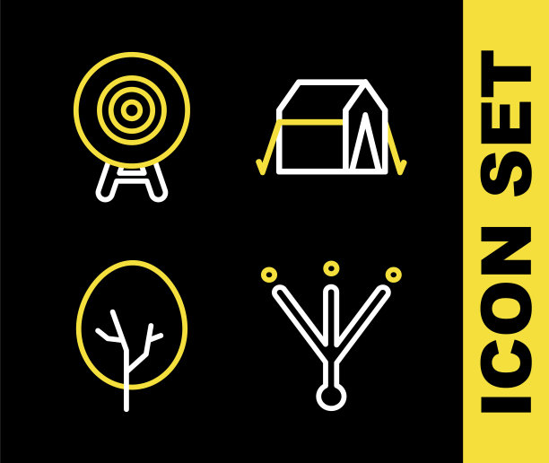 设置线旅游帐篷，鸟的足迹，树和目标运动图标。向量图片下载