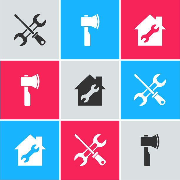 设置螺丝刀和扳手，木斧和房屋维修图标。向量图片下载