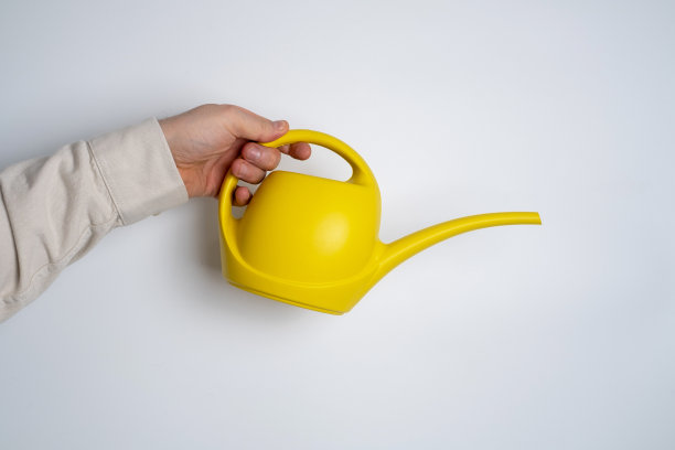 一套园艺工具，用于照顾花园或家中的植物。这个人手里拿着一个黄色的喷壶。花店和园艺护理的概念图片下载