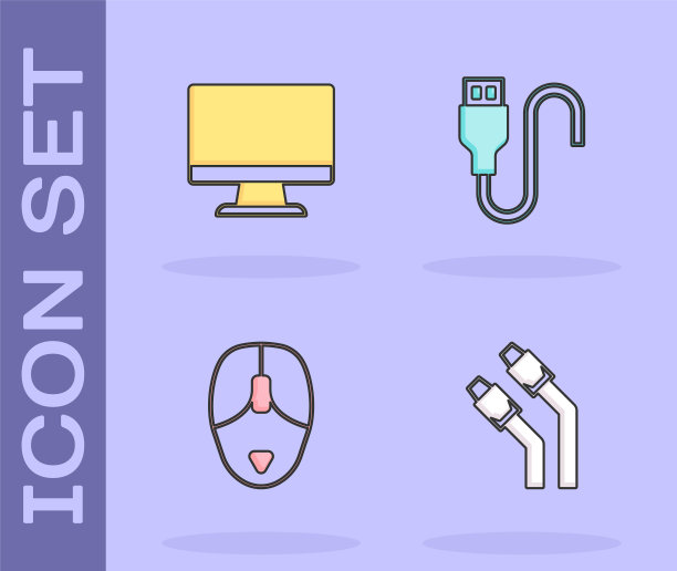 设置局域网网线网络、电脑显示器屏幕、鼠标和USB线图标。向量图片下载