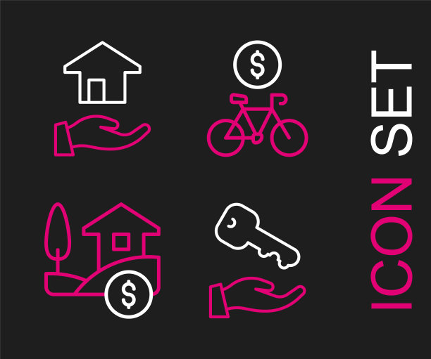设置线房子钥匙，美元，自行车租赁移动应用程序和房地产经纪人图标。向量图片下载