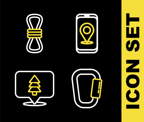 设置线路城市地图导航，锁扣，森林和登山者绳的位置图标。向量图片下载