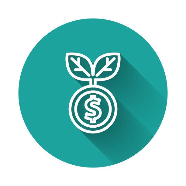 白线美元植物图标与长阴影背景隔离。企业投资成长型理念。储蓄和投资。绿色圆形按钮。向量图片下载