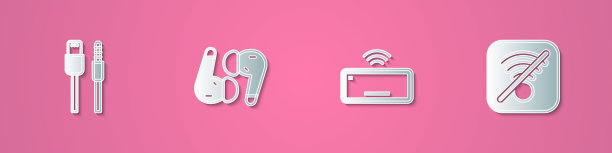 设置剪纸USB数据线，空气耳机，电脑键盘和无Wi-Fi无线上网图标。纸艺风格。向量图片下载