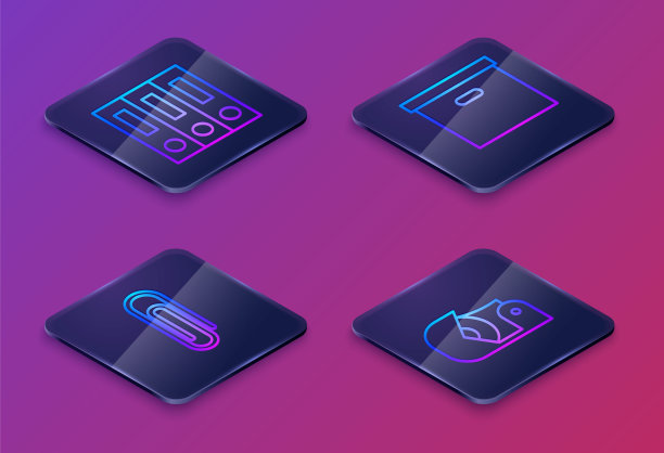 设置等距线办公文件夹与纸张和文件，回形针，纸箱纸箱和苏格兰。蓝色方形按钮。向量图片下载