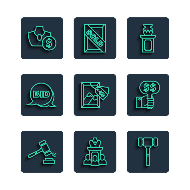 集拍卖锤，珠宝销售，古代花瓶，绘画，出价，和手持拍卖桨图标。向量图片下载