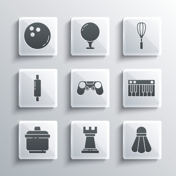 集商业策略，羽毛球，音乐合成器，手柄，烹饪锅，擀面杖，保龄球和厨房搅拌器图标。向量图片下载