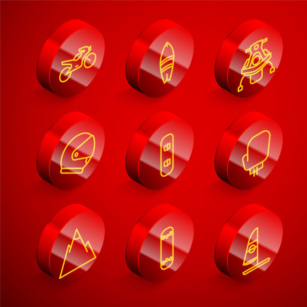 集线摩托车，冲浪板，雪地车，头盔，滑雪板，拳击手套，山和滑板技巧图标。向量图片下载