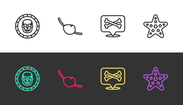 设置线海盗硬币，眼罩，位置海盗和海星在黑色和白色。向量图片下载