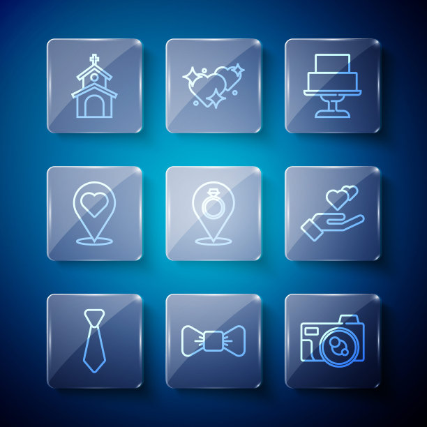 集线领带，领结，照相机，婚礼蛋糕，戒指，地点与心脏，教堂建筑和心脏的手图标。向量图片下载