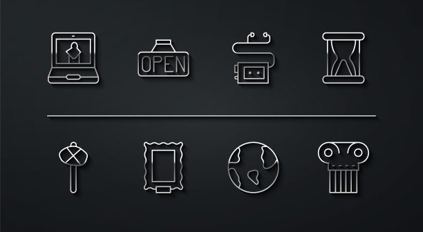 在线博物馆，石器时代的锤子，带沙的旧沙漏，地球球，图片，悬挂标志打开，古代柱和博物馆语音导游图标。向量图片下载