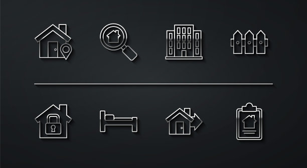 设置线位置与房子，房子在保护下，花园栅栏木，销售，床，搜索，合同和图标。向量图片下载