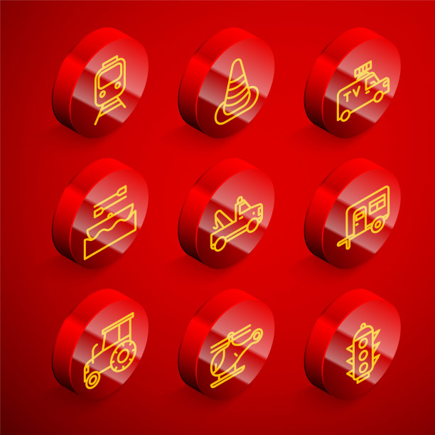 集线火车和铁路，交通锥，电视新闻车，船与桨，拖车，房车露营拖车，拖拉机和直升机图标。向量图片下载