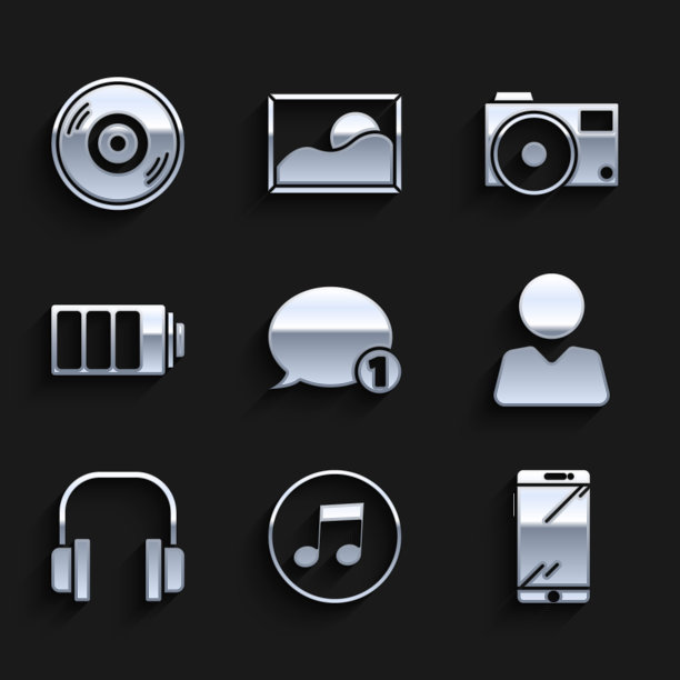 设置语音泡泡聊天，音乐笔记，音调，智能手机，手机，添加朋友，耳机，电池充电水平指示灯，照片相机和乙烯基磁盘图标。向量图片下载