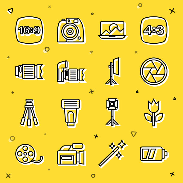 设置线相机电池，照片模式微距，相机快门，修图，照片镜头，第16帧和工作室灯泡软箱图标。向量图片下载