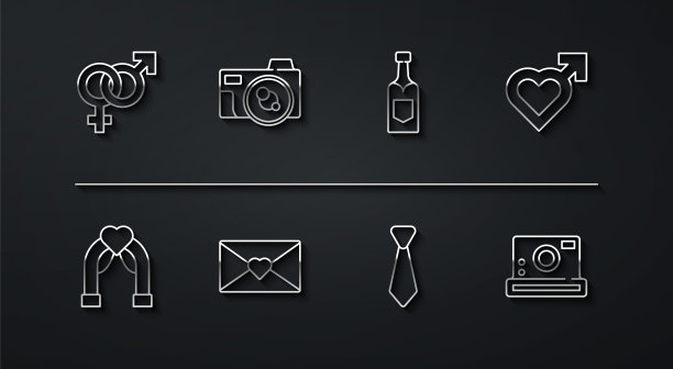设置线性别，婚礼拱门，心脏与男性性别，领带，信封情人节的心，照片相机，和香槟瓶图标。向量图片下载