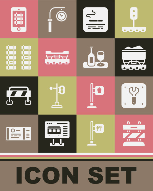 集铁路轨道，维修，煤炭火车车厢，吸烟区，货物，铁路，铁路，网上购票和酒瓶与玻璃图标。向量图片下载