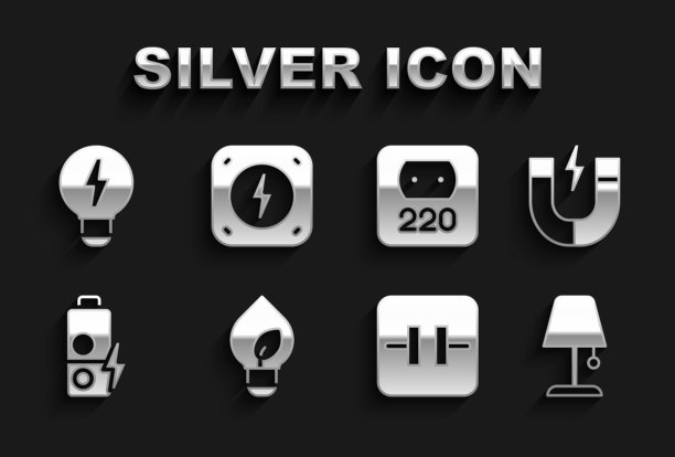 集灯泡叶片，磁铁，台灯，电解电容器，电池充电，电源插座，创意灯的想法和闪电图标。向量图片下载