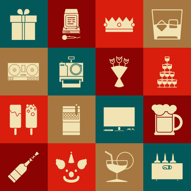 设置在一个木箱，木制啤酒杯，酒杯堆叠金字塔塔，皇冠，照相机，DJ遥控器播放和混合音乐，礼物和花束的鲜花图标。向量图片下载