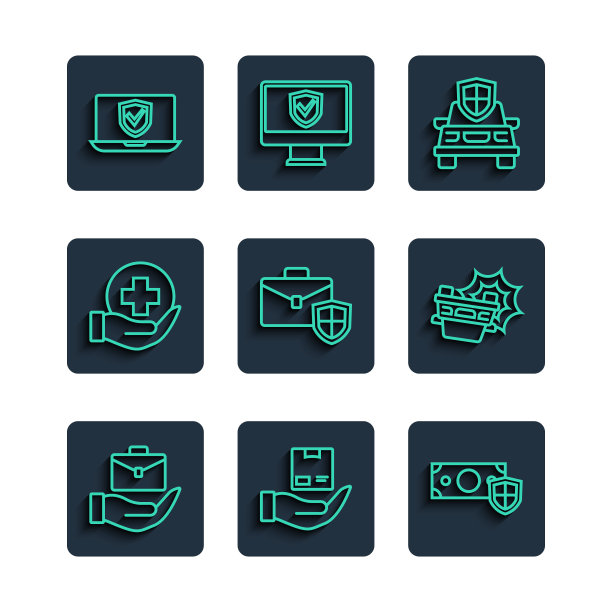 设置线手持公文包，交付保险，钱与盾，汽车，公文包，生活，保险在线和事故图标。向量图片下载