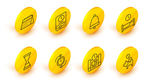 设线储蓄罐与硬币，项目时间计划，时钟箭头，旧沙漏沙，时间睡觉，铃声，为书和日历图标。向量图片下载