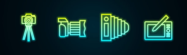 设置线照片相机，，和图形平板电脑。发光的霓虹灯图标。向量图片下载