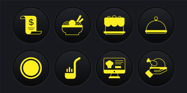 套餐，带托盘，厨房勺，在线订购和配送，蛋糕，亚洲面碗，烤火鸡和纸质财务检查图标。向量图片下载