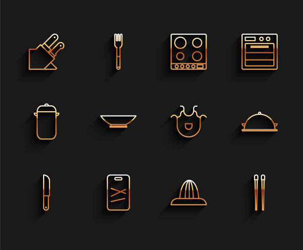 设置线刀，砧板，柑橘果汁机，食品筷子，碗，覆盖与食品托盘和厨房围裙图标。向量图片下载