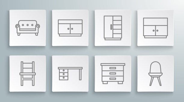 集线椅子，抽屉柜，办公桌，家具床头柜，衣柜和沙发图标。向量图片下载